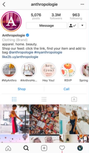 Importance of social media presence for businesses. Image shows an example of Anthropologie's instagram