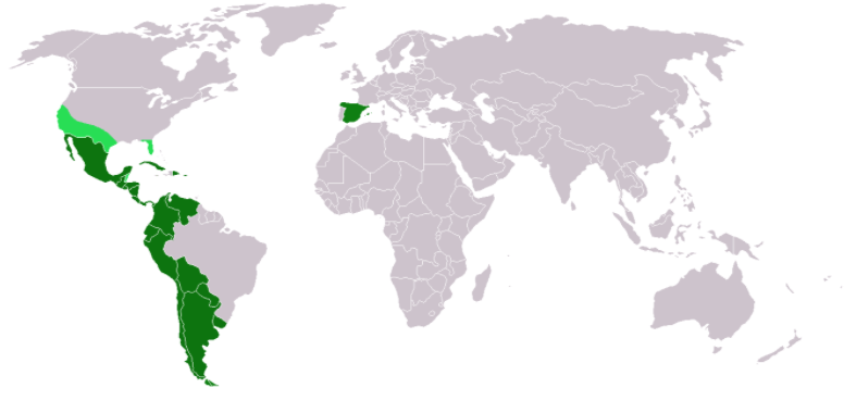 Map of Hispanic countries where targets in U.S. Hispanic Marketing derive their culture from. 